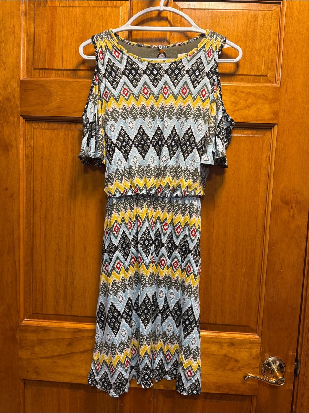 LOFT Cold-Shoulder Midi Dress in Yellow, Black & Light Blue